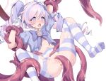  1girl anus blue_archive chinese_commentary commentary_request gloves multicolored_hair navel official_alternate_costume open_mouth pantyhose pink_hair purple_hair reisa_(blue_archive) reisa_(magical)_(blue_archive) solo striped_clothes symbol-shaped_pupils tentacles torn_clothes twintails white_background white_gloves yorin_yoni 