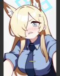  1girl angry animal_ear_fluff animal_ears blonde_hair blue_archive blue_eyes blue_necktie blue_shirt blush breasts clenched_teeth collared_shirt dog_ears dot_nose extra_ears hair_over_one_eye halo highres jorang_(jorang08) kanna_(blue_archive) long_hair looking_at_viewer medium_breasts necktie nose_blush pillarboxed sharp_teeth shirt sidelocks sleeves_rolled_up solo teeth upper_body v-shaped_eyebrows 