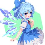  1girl 999_(hansode) :d blue_bow blue_dress blue_eyes blue_hair blue_ribbon blush_stickers bow cirno collared_shirt commentary cowboy_shot detached_wings dress frilled_dress frills hair_bow hand_up ice ice_wings index_finger_raised neck_ribbon open_mouth pinafore_dress pixel_art ribbon shirt short_hair short_sleeves sleeveless sleeveless_dress smile solo touhou white_shirt wings 