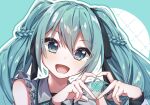  1girl aqua_eyes aqua_hair four-finger_heart_hands hamano_yui hatsune_miku heart heart_hands long_hair looking_at_viewer open_mouth own_hands_together portrait smile solo twintails vocaloid 