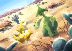 black_sclera blue_sky cacturne cactus closed_eyes colored_sclera commentary_request day desert dutch_angle highres lying ohdon on_back outdoors pokemon pokemon_(creature) pokemon_focus rock sand sandshrew sky standing yellow_eyes 