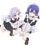  2girls alternate_costume apron bare_arms bare_legs black_choker blue_hair blush bow brown_shoes choker collarbone dalidari27 enmaided frilled_apron frills green_eyes hair_between_eyes hair_bow haraga_kurumi highres kimi_no_koto_ga_dai_dai_dai_dai_daisuki_na_100-nin_no_kanojo long_hair looking_at_viewer maid maid_apron maid_headdress momi_momiji multiple_girls open_mouth pout power_symbol-shaped_pupils purple_hair red_eyes shoes simple_background symbol-shaped_pupils white_apron white_background white_bow wrist_cuffs 