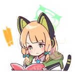  ! !! 1girl animal_ear_headphones animal_ears blonde_hair blue_archive blue_necktie blunt_bangs blush book bow cat_ear_headphones cat_ears closed_mouth collared_shirt commentary cropped_torso fake_animal_ears green_bow green_eyes green_halo hair_bow halo headphones jacket mechanical_tail momoi_(blue_archive) necktie nose_blush open_book shirt short_hair simple_background solo symbol-only_commentary tail white_background white_jacket white_shirt yoru_nai 