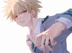  1boy bakugou_katsuki blonde_hair boku_no_hero_academia brown_eyes grey_jacket hand_up hashtag-only_commentary jacket looking_at_viewer male_focus mooshiki school_uniform short_hair simple_background solo spiked_hair u.a._school_uniform upper_body white_background 