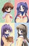  :d airmi antenna_hair blue_eyes botan_(clannad) brown_hair clannad emblem fujibayashi_kyou furukawa_nagisa hikarizaka_private_high_school_uniform ichinose_kotomi long_sleeves looking_at_viewer multiple_girls open_mouth polka_dot polka_dot_background purple_hair red_hair sakagami_tomoyo school_uniform short_hair simple_background smile upper_body 