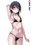  1girl absurdres arm_behind_head arm_up armpits bikini black_bikini black_hair blush breasts brown_eyes collarbone cowboy_shot crossed_bangs hair_between_eyes hashtag-only_commentary highres i-13_(kancolle) kantai_collection looking_at_viewer medium_hair micro_bikini navel one-hour_drawing_challenge open_mouth sidelocks simple_background skindentation small_breasts solo standing stomach string_bikini swimsuit tf_cafe thighs twitter_username white_background 