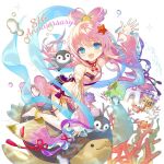  1girl adelina_blue aqua_eyes barefoot bikini bird castle crab fish hair_rings long_hair open_mouth penguin pink_bikini pink_hair sidelocks squid swimsuit turtle uchi_no_hime-sama_ga_ichiban_kawaii yamiya_(8_18dlq) 
