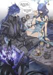  1boy 1girl ahoge antler_ornament antlers aqua_dress arm_support armlet bare_shoulders bird black_coat blue_fire blue_hair bracelet breasts cleavage coat collared_capelet collared_coat commentary deer deer_antlers deer_girl dog dress english_commentary fire flins_(genshin_impact) food from_above genshin_impact gold_jewelry hair_over_one_eye high_collar highleg highleg_dress highres horns huge_ahoge jewelry large_breasts lauma_(genshin_impact) leaf_dress long_hair pointy_ears rchella seiza sitting speech_bubble 
