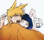  1girl 2boys animal_ears blonde_hair blue_eyes blue_hair cape commentary eyeliner fox_ears hetero highres holding_another&#039;s_wrist hug hyuuga_hinata kemonomimi_mode makeup multiple_boys naruto:_the_last naruto_(series) notane_n ootsutsuki_toneri open_mouth orange_cape purple_eyes rabbit_ears red_eyeliner sennin_mode uzumaki_naruto white_hair wolf_ears yellow_eyes 