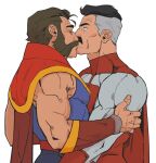  2boys bara beard black_hair bonjourdraws brown_hair closed_eyes dispatch facial_hair grey_hair highres invincible_(series) kiss looking_at_another male_focus multicolored_hair multiple_boys mustache omni-man phenomaman superhero_costume white_background yaoi 