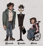  1girl 2boys bag belt black_camisole black_hair black_jacket black_necktie black_pants black_shoes black_suit blue_pants blue_skirt brown_belt brown_hair brown_hat brown_shoes camisole camisole_over_clothes character_name closed_mouth commentary english_commentary fear_&amp;_hunger_(series) fear_&amp;_hunger_2:_termina glasses green_jacket grey_background hat highres holding holding_bag jacket long_sleeves looking_at_viewer marcoh_(fear_&amp;_hunger) mary_janes multiple_boys necktie nuwi_(furinuwi) olivia_(fear_&amp;_hunger) open_clothes open_jacket open_mouth pants pink_shirt rectangular_eyewear round_eyewear shirt shoes short_hair sitting skirt smile socks standing suit tanaka_(fear_&amp;_hunger) teeth upper_teeth_only wheelchair white_shirt white_socks 