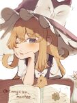  1girl apron blonde_hair blush book bow braid broom closed_mouth hair_bow hat hat_bow highres kirisame_marisa long_hair one_eye_closed side_braid single_braid table touhou tungsten_mochoo upper_body waist_apron white_background white_bow witch_hat 