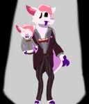 anthro bat body_horror bow_tie claws clothing darkness duo eyeless female female/female hand_puppet horror_(theme) just_a_art_bat mammal mini-kin_little_nightmares) nightlight_(just_a_art_bat) puppet purple_clothing purple_suit smile spotlight suit the_kin_(little_nightmares) wings