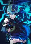  1girl black_gloves black_shirt blue_background blue_eyes blue_hair blue_skirt breasts closed_mouth cloumello commentary commission cowboy_shot electricity electrokinesis english_commentary gloves hand_up helmet highres long_hair looking_at_viewer original shirt skirt smile solo tsurime vgen_commission 