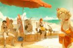  5girls absurdres beach beach_chair bikini black_bikini black_hair blonde_hair blue_sky breasts chainsaw_man dudrinm fami_(chainsaw_man) famine_devil_(chainsaw_man) grey_hair hair_bun highres horns makima_(chainsaw_man) medium_breasts multiple_girls navel ocean one-piece_swimsuit orange_eyes pochita_(chainsaw_man) power_(chainsaw_man) red_eyes red_hair red_horns red_one-piece_swimsuit sand sitting sky small_breasts swimsuit yellow_bikini yoru_(chainsaw_man) 