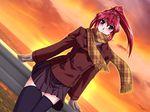  breed-island dutch_angle game_cg long_hair misaki_(breed-island) mutou_keiji non-web_source plaid plaid_scarf ponytail red_eyes red_hair scarf solo sunset thighhighs 