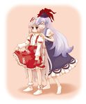  alternate_costume arata_iri bad_id bad_pixiv_id blue_hair blush dress feet fujiwara_no_mokou kamishirasawa_keine long_hair multiple_girls red_eyes socks suspenders touhou white_hair 