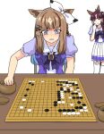  2girls almond_eye_(umamusume) animal_ears blue_eyes blunt_bangs board_game bow bow_hairband bowtie brown_hair colored_inner_hair crying crying_with_eyes_open ear_covers go_(board_game) hair_ornament hairband hairclip highres holding_go_stone horse_ears horse_girl horseshoe_ornament killerfurball12 long_hair looking_at_viewer lucky_lilac_(umamusume) multicolored_hair multiple_girls playing_games pleated_skirt puffy_short_sleeves puffy_sleeves purple_bow purple_bowtie purple_eyes purple_serafuku purple_shirt sailor_collar sailor_shirt school_uniform serafuku shirt short_sleeves side_ponytail sitting skirt solo_focus streaked_hair symbol-shaped_pupils tears thighhighs tracen_school_uniform umamusume white_hairband white_skirt white_thighhighs x-shaped_pupils 