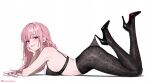  1girl bare_shoulders black_bra black_pantyhose black_shoes blush bra breasts commentary_request fingernails from_side head_rest helloimtea high-waist_pantyhose high_heels hololive hololive_english lace_pantyhose_hooked_on_heel_(meme) large_breasts long_hair looking_at_viewer lying meme mixed-language_commentary mori_calliope on_stomach paid_reward_available pantyhose parted_lips pink_hair red_eyes shoes simple_background smile solo the_pose thighs twitter_username underwear white_background 