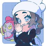  1girl ansha_(pokemon) backpack bag black_coat blue_eyes blush_stickers brown_hair coat commentary_request eyelashes grin hands_up happy hat highres hoopa hoopa_(confined) iechi long_hair long_sleeves own_hands_together pink_scarf pokemon pokemon_(creature) pokemon_legends:_z-a scarf shirt smile teeth white_bag white_hat white_shirt 