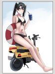 1girl :o absurdres alternate_hair_color arm_behind_back artistic_error bad_feet bare_legs barefoot bikini black_bikini black_hair blue_background blush border bow breasts brown_eyes check_vehicle collarbone commentary_request cup double-parted_bangs drinking_straw feet front-tie_bikini_top front-tie_top full_body gradient_background grey_border hair_between_eyes hair_bow highres holding holding_cup honda_motocompo kantai_collection lifebuoy motor_vehicle motorcycle navel official_alternate_costume on_motorcycle open_mouth parted_lips sidelocks sitting skindentation small_breasts stomach swim_ring swimsuit tf_cafe vehicle_request white_background white_bow zuikaku_(kancolle) zuikaku_(swimsuit)_(kancolle) 