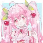  1girl ahoge bare_shoulders blue_background blush border bow bowtie brooch center_frills cherry_hair_ornament closed_mouth collarbone commentary cross-laced_clothes cross-laced_top double-parted_bangs flower food-themed_hair_ornament frilled_shirt frills hair_between_eyes hair_flower hair_ornament hand_in_own_hair hand_up hatsune_miku head_tilt highres jewelry long_hair looking_at_viewer nail_polish off-shoulder_shirt off_shoulder outside_border pink_bow pink_bowtie pink_eyes pink_flower pink_hair pink_nails pink_shirt portrait rrrrika sakura_miku shirt simple_background smile sparkle straight-on symbol-only_commentary twintails twitter_username vocaloid white_border 