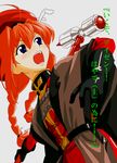  :d ahoge alternate_weapon belt beret black_gloves blue_eyes braid brown_jacket dutch_angle elbow_gloves from_below gloves graf_eisen grey_background hair_tie hammer hat holding holding_weapon jacket long_hair looking_to_the_side lyrical_nanoha mahou_shoujo_lyrical_nanoha open_mouth orange_hair outstretched_arm red_hat simple_background smile solo text_focus translation_request twin_braids uniform v-shaped_eyebrows vita weapon 