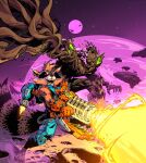  2boys animal_ears brown_hair claws colored_skin energy_beam energy_gun facial_hair fangs firing furry furry_male gloves groot guardians_of_the_galaxy gun highres holding holding_gun holding_weapon jetpack leo_chiola machine male_focus marvel marvel_snap military_vehicle multicolored_armor multiple_boys official_art open_mouth pawpads planet raccoon raccoon_boy raccoon_ears raccoon_tail red_eyes rocket_raccoon science_fiction short_hair space space_shuttle spacecraft spiked_gauntlets spiked_gloves tail weapon whiskers 