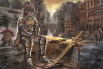  armor bad_id bad_pixiv_id brown_hair cape cityscape copyright_request helmet sasa_(london_ma) solo sword weapon 