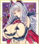  1girl breasts cape carmilla_(fate) chikinan_tarou elbow_gloves fate/grand_order fate_(series) gloves grey_hair halloween halloween_costume heart highres horns huge_breasts long_hair looking_at_viewer orange_eyes painting_(medium) revealing_clothes shikishi solo traditional_media upper_body watercolor_(medium) wavy_hair 