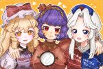  3girls arm_around_neck blonde_hair blush bow breasts commentary curtained_hair dated dress frilled_hat frills grey_hair grin hair_ornament hakunemui hat hat_bow heart highres in-franchise_crossover large_breasts leaf_hair_ornament looking_at_viewer mob_cap multiple_girls name_connection nurse_cap orange_background outline purple_hair purple_tabard red_bow red_shirt shirt smile split-color_clothes tabard touhou trait_connection translation_request twitter_username two-tone_dress upper_body white_dress white_hat white_outline yagokoro_eirin yakumo_yukari yasaka_kanako 