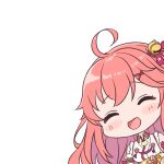  1girl :d ^_^ ahoge bare_shoulders bell breasts chibi closed_eyes facing_viewer hair_bell hair_ornament hairclip hololive japanese_clothes jingle_bell kimono large_breasts long_hair mochimiko motion_lines pink_hair sakura_miko sakura_miko_(1st_costume) simple_background sleeveless sleeveless_kimono smile solo upper_body very_long_hair virtual_youtuber white_background white_kimono 