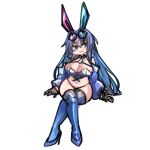  1girl :3 azur_lane black_gloves blue_eyes blue_hair blue_shoes blue_shrug blue_thighhighs breasts chibi chibi_only cleavage crossed_legs gloves high_heels large_breasts long_hair looking_at_viewer midriff new_jersey_(azur_lane) new_jersey_(black_blur_prelude)_(azur_lane) official_alternate_costume race_queen shoes shrug_(clothing) solo sugoidere thighhighs 