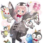  1girl adelina_blue animal_costume aqua_eyes bird birthday_cake black_pantyhose boots bow bowtie box cake food fur_boots gift gift_box long_hair low_twintails pantyhose penguin penguin_costume pink_hair sidelocks twintails uchi_no_hime-sama_ga_ichiban_kawaii yamiya_(8_18dlq) 