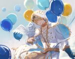  1boy balloon bird bird_on_hand blindfold blue_gemstone blue_gloves brown_hair eli_clark eli_clark_(lunar_phase) facial_mark finger_claws floating_clothes gem gloves gold_trim hanaochi_pic highres identity_v jewelry male_focus neck_ring official_alternate_costume one_eye_closed owl puffy_sleeves robe single_glove solo upper_body veil white_robe white_veil 