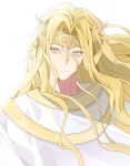  1boy blonde_hair braid circlet closed_mouth elden_ring gold_trim hair_between_eyes highres long_hair male_focus miquella_(elden_ring) multiple_braids parted_bangs robe side_braid solo upper_body wavy_hair white_background white_robe wintercoming42 yellow_eyes 