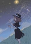  2girls black_capelet black_hat black_skirt blue_eyes bow brown_hair buttons capelet closed_mouth cloud commentary constellation constellation_request grass hair_bow hat highres holding holding_pocket_watch kashiwada_kiiho looking_up maribel_hearn medium_hair mob_cap moon multiple_girls night night_sky one_eye_covered open_mouth pocket_watch pointing pointing_up red_eyes shirt shirt_ribbon short_hair short_sleeves skirt sky solo_focus standing star_(sky) star_(symbol) touhou usami_renko watch white_bow white_hat white_shirt 