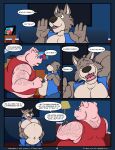 absurd_res anthro arm_hair belly belly_hair big_bad_wolf big_belly black_nose blue_bottomwear blue_clothing blue_shorts blue_topwear blue_vest blush bodily_fluids body_hair bottomwear canid canine canis clothed clothed_anthro clothed_male clothing comic cum cum_on_face dialogue domestic_pig duo ear_piercing electronics english_text fairy_tales fully_clothed fully_clothed_anthro fully_clothed_male fur furniture genital_fluids grey_body grey_fur hairy_man hi_res huge_belly huttsergreywolf larger_male long_snout male mammal musclegut muscular muscular_anthro muscular_arms muscular_male navel neck_hair overweight overweight_anthro overweight_male picture_frame piercing pink_body shorts shoulder_hair size_difference snout sofa speech_bubble suid suine sus_(pig) tall_male television text the_three_little_pigs tongue topwear uvula vest wolf