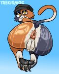 anthro big_butt black_claws black_clothing black_hat black_headwear blue_background brown_anus brown_body brown_fur butt claws clothing domestic_cat epic_games eyelashes feet felid feline felis female fortnite fur genitals grey_body grey_fur hat hat_only headgear headgear_only headwear headwear_only hi_res huge_butt looking_at_viewer looking_back looking_back_at_viewer mammal meow_skulls mostly_nude nude orange_eyes pawpads plump_labia rear_view simple_background snaggle_tooth solo trekismog vulva white_body white_fur