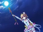  1girl arm_up blonde_hair bow breasts brown_hair cleavage dress dutch_angle elbow_gloves full_moon game_cg garter_straps gloves large_variant_set lunatic_angel magical_girl moon nanao_(mahaya) night night_sky non-web_source ochite_iku_seisenshi_lunatic_angels official_art red_eyes shindou_makina short_hair side_ponytail sky solo star_(sky) starry_sky thighhighs tiara variant_set wand white_gloves 