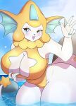 anthro belly blonde_hair blue_eyes blush clothing clothing_pull cloud cosmic_background eeveelution eye_markings female fin fusion gapsay generation_1_pokemon generation_3_pokemon gesture glinta_(nickzilla) glistening glistening_body glistening_clothing hair hand_on_hip hybrid jirachi legendary_pokemon markings nintendo one-piece_swimsuit pokemon pokemon_(species) pokemon_fusion ribbons rock sky skyscape smile smiling_at_viewer solo spines splash star star_on_body starry_background swimwear tail thick_tail thick_thighs vaporeon water waving waving_at_viewer white_body yellow_outfit