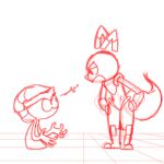 2023 ambiguous_gender android angry beanie clothing domestic_cat duo e621 esix felid feline felis fluffy fluffy_tail hands_on_hips hat headgear headwear hi_res humanoid kasa_beanie kasabeanie_(kasa_beanie) looking_at_another looking_down looking_down_at_another machine mammal mascot mouthless open_mouth robot robot_anthro shadow_creature size_difference sketch tail