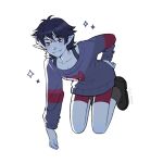  1girl adventure_time adventure_time:_fionna_and_cake animification bike_shorts bite_mark bite_mark_on_neck black_hair breasts colored_skin elle_draws english_commentary fangs full_body grey_skin grey_sweater hand_on_own_hip highres looking_at_viewer marceline_abadeer official_alternate_costume official_alternate_hair_length official_alternate_hairstyle pointy_ears red_eyes red_shorts short_hair shorts simple_background smile solo sparkle sweater vampire white_background 