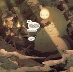 2025 ambiguous_gender arthropod caterpillar clothing dialogue duo elemental_manipulation elf english_text female feral fire fire_manipulation forest gastropod group hair hat headgear headwear hi_res humanoid insect larger_feral larva magic magic_user melee_weapon mollusk multi_arm multi_limb plant rapscallion size_difference smaller_female smoke snail speech_bubble sword tail text tree trio weapon white_hair witch_hat