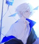  1boy black_coat blue_eyes coat coat_partially_removed collared_shirt commentary earrings english_commentary grey_eyes hair_between_eyes heterochromia highres intravenous_drip iv_stand jewelry looking_ahead male_focus mooshiki mooshiki_(character) original paper_airplane parted_lips shirt short_hair simple_background solo upper_body white_background white_hair white_shirt zipper 