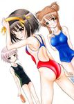  asahina_mikuru ass black_school_swimsuit competition_swimsuit dutch_angle hairband hidaka_medaka highres multiple_girls nagato_yuki one-piece_swimsuit orange_hairband school_swimsuit suzumiya_haruhi suzumiya_haruhi_no_yuuutsu swim_cap swimsuit traditional_media 