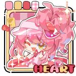  1girl amulet_heart bare_shoulders border character_name cheerleader chibi chinese_commentary color_guide commentary_request crop_top crossed_bangs detached_sleeves eyelashes frilled_shirt_collar frilled_sleeves frills hair_between_eyes hair_ornament happy hat heart heart_hair_ornament high_side_ponytail highres hinamori_amu holding holding_pom_poms humpty_lock_(shugo_chara!) light_blush looking_at_viewer magical_girl messy_hair midriff neck_ribbon notice_lines one_eye_closed open_mouth outline outside_border picture_frame pink_background pink_hair pink_hat pink_shirt pink_theme plaid_background pom_pom_(cheerleading) red_ribbon red_sleeves ribbon see-through_clothes see-through_headwear shirt short_hair_with_long_locks short_sleeves shugo_chara! sidelocks sideways_hat sleeveless sleeveless_shirt smile solo sparkle upper_body visor_cap white_border white_outline yanshuangjun yellow_eyes 