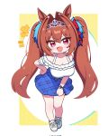  +++ 1girl animal_ears antenna_hair blue_skirt blush bow bracelet breasts brown_hair chibi chibi_only cleavage corrupted_twitter_file daiwa_scarlet_(casual)_(umamusume) daiwa_scarlet_(umamusume) fang full_body hair_between_eyes hair_bow hair_intakes hand_on_own_hip highres horse_ears horse_girl jewelry jorang_(jorang08) large_breasts long_hair open_mouth pink_eyes red_bow shoes skin_fang skirt smile solo tiara twintails umamusume white_shoes 
