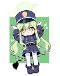  1girl absurdres armband badge belt black_boots black_hat black_tail blue_archive blue_armband blush boots buttons closed_mouth demon_tail double-breasted full_body gloves green_background green_hair green_halo halo hat highres hikari_(blue_archive) jorang_(jorang08) long_hair looking_at_viewer pantyhose peaked_cap pleated_skirt pointy_ears rabbit_pose shirt skirt solo sparkle tail taunting white_gloves white_pantyhose white_shirt yellow_eyes 