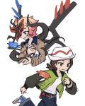  1boy 1girl belt blue_eyes blue_shoes bracelet brown_belt brown_hair brown_jacket clenched_hands floette floette_(eternal) green_jacket hand_up harmony_(pokemon) hashtag-only_commentary hat jacket jewelry leg_up long_sleeves looking_down open_clothes open_jacket open_mouth pants parted_lips pokemon pokemon_legends:_z-a rotom rotom_phone running shirt shoes simple_background sweat urbain_(pokemon) white_background white_hat white_shirt xlii_idk 